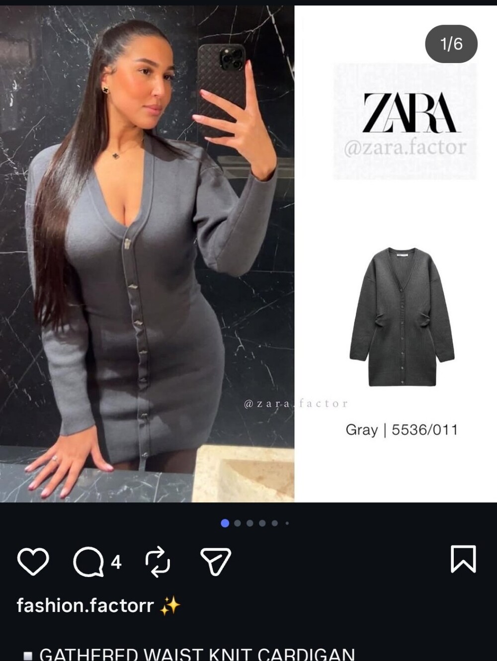 ZARA Gray V-Neck Gathered-Waist Knit Cardigan